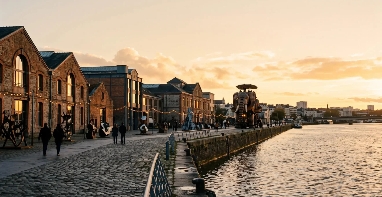 Vue panoramique d'un quartier culturel de Nantes au crépuscule, illustrant la richesse artistique de la ville