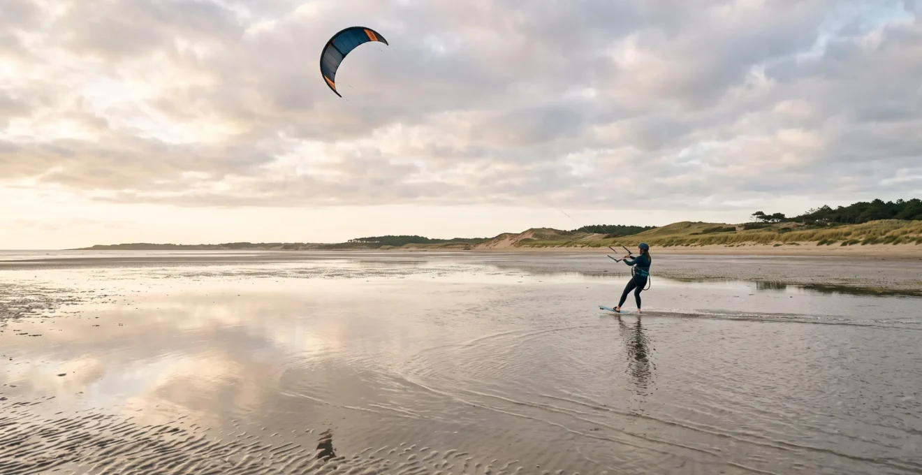 Kitesurfeur débutant naviguant sur une vaste étendue de sable à marée basse sur la côte de Loire-Atlantique