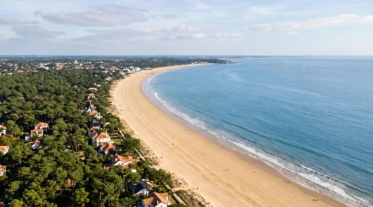 Vue aerienne de la baie de La Baule avec ses plages de sable fin et ses pins maritimes en Loire-Atlantique