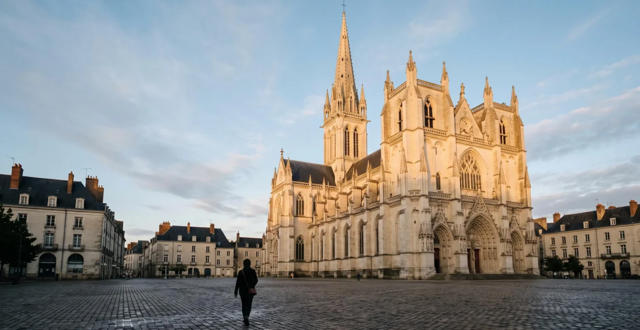 Façade et flèche en pierre claire de la basilique Saint-Nicolas de Nantes baignée de lumière dorée