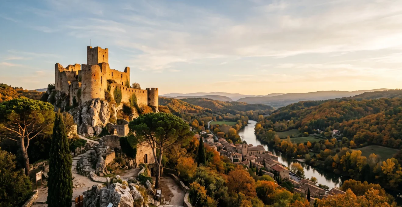 Ruines du château de Clisson baignées d'une lumière dorée évoquant un paysage toscan en Loire-Atlantique