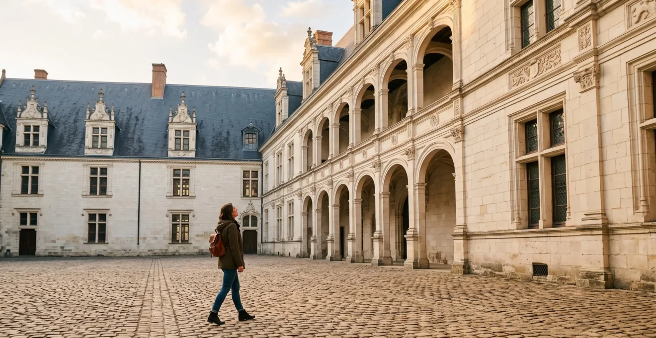 Cour intérieure Renaissance du Château des ducs de Bretagne à Nantes baignée de lumière dorée