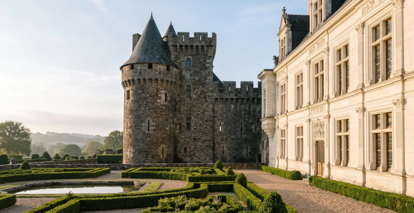 Vue d'ensemble du château de Châteaubriant montrant la cohabitation du donjon médiéval en schiste sombre et du palais Renaissance en tuffeau clair