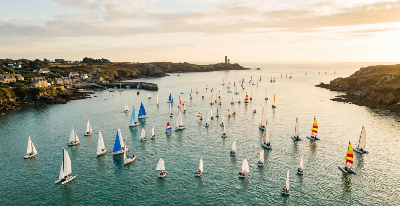 Vue panoramique d'une baie de Loire-Atlantique avec plusieurs voiliers et catamarans de tailles differentes naviguant cote a cote, illustrant la diversite des ecoles de voile