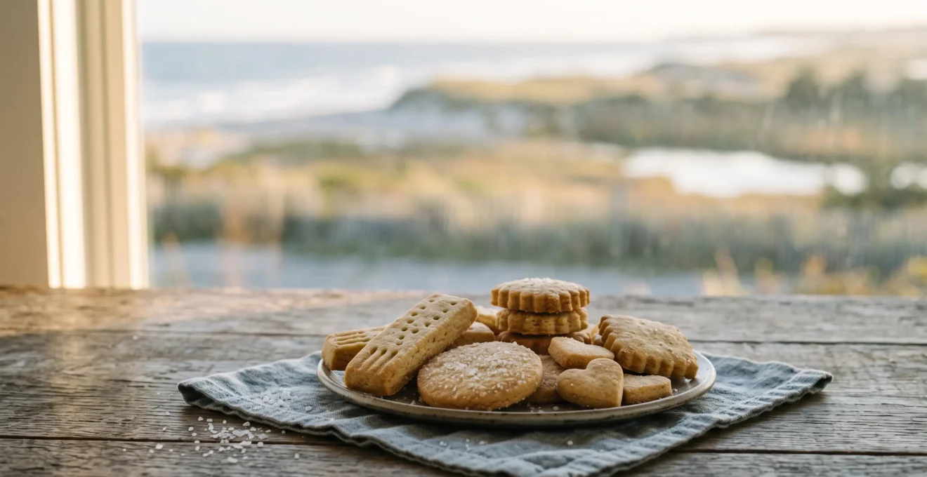 Assortiment de biscuits artisanaux traditionnels disposés sur une table en bois, baignés d'une lumière côtière évoquant un circuit gourmand en Loire-Atlantique