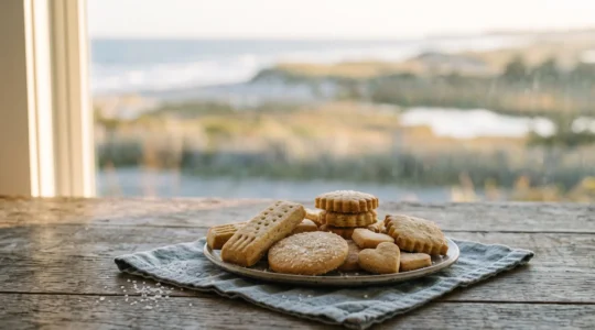 Assortiment de biscuits artisanaux traditionnels disposés sur une table en bois, baignés d'une lumière côtière évoquant un circuit gourmand en Loire-Atlantique