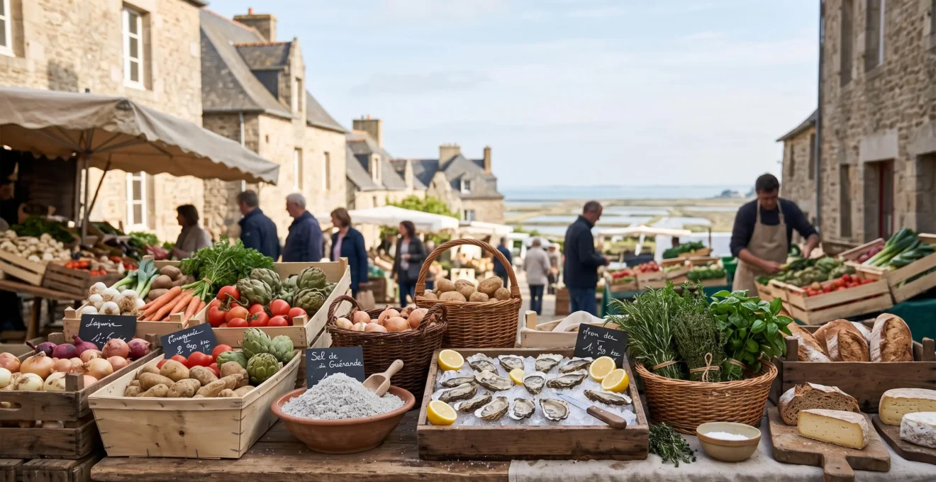 Etal de marche traditionnel en Loire-Atlantique avec produits du terroir, sel gris, legumes de saison et paniers en osier