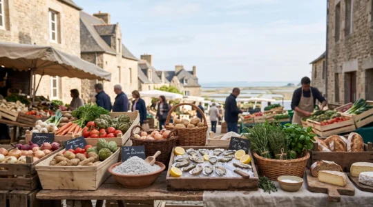 Etal de marche traditionnel en Loire-Atlantique avec produits du terroir, sel gris, legumes de saison et paniers en osier