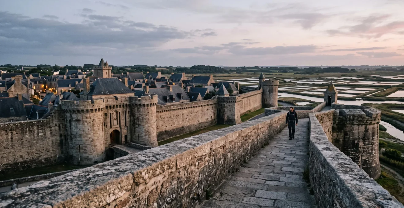 Vue panoramique évoquant les cités fortifiées de Loire-Atlantique au crépuscule, remparts de granite et toits d'ardoise