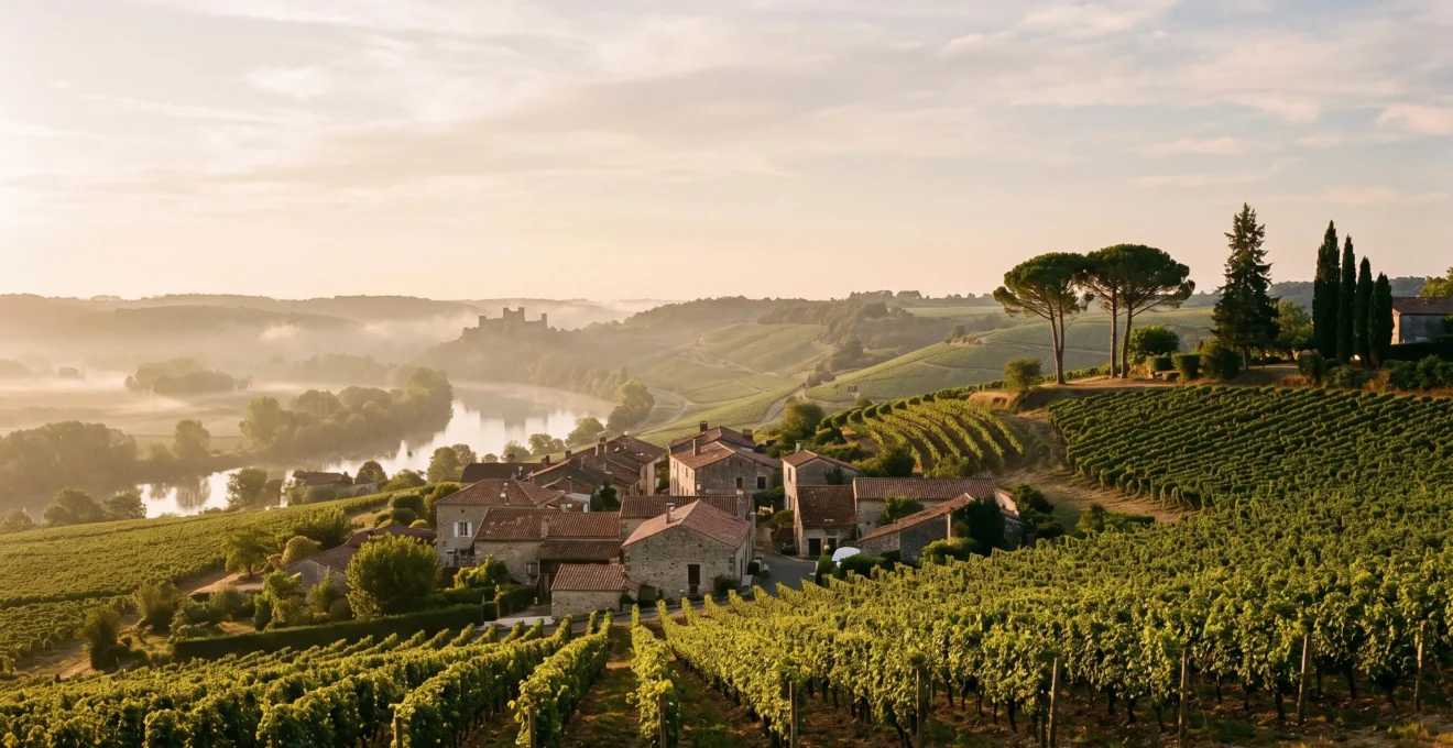Vue panoramique de collines viticoles autour de Clisson évoquant la Toscane avec toits de tuiles rondes et rivière au premier plan