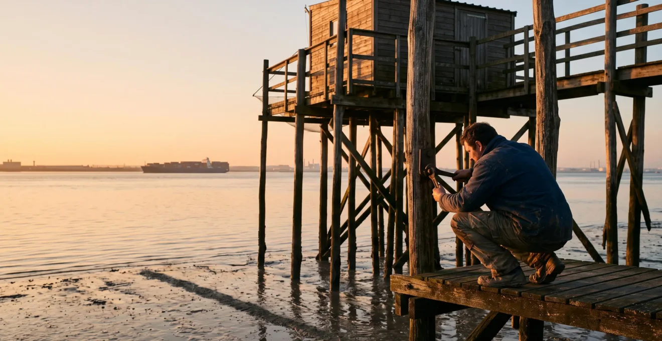 Charpentier travaillant sur la structure en bois d'une pêcherie traditionnelle en Loire-Atlantique au coucher du soleil