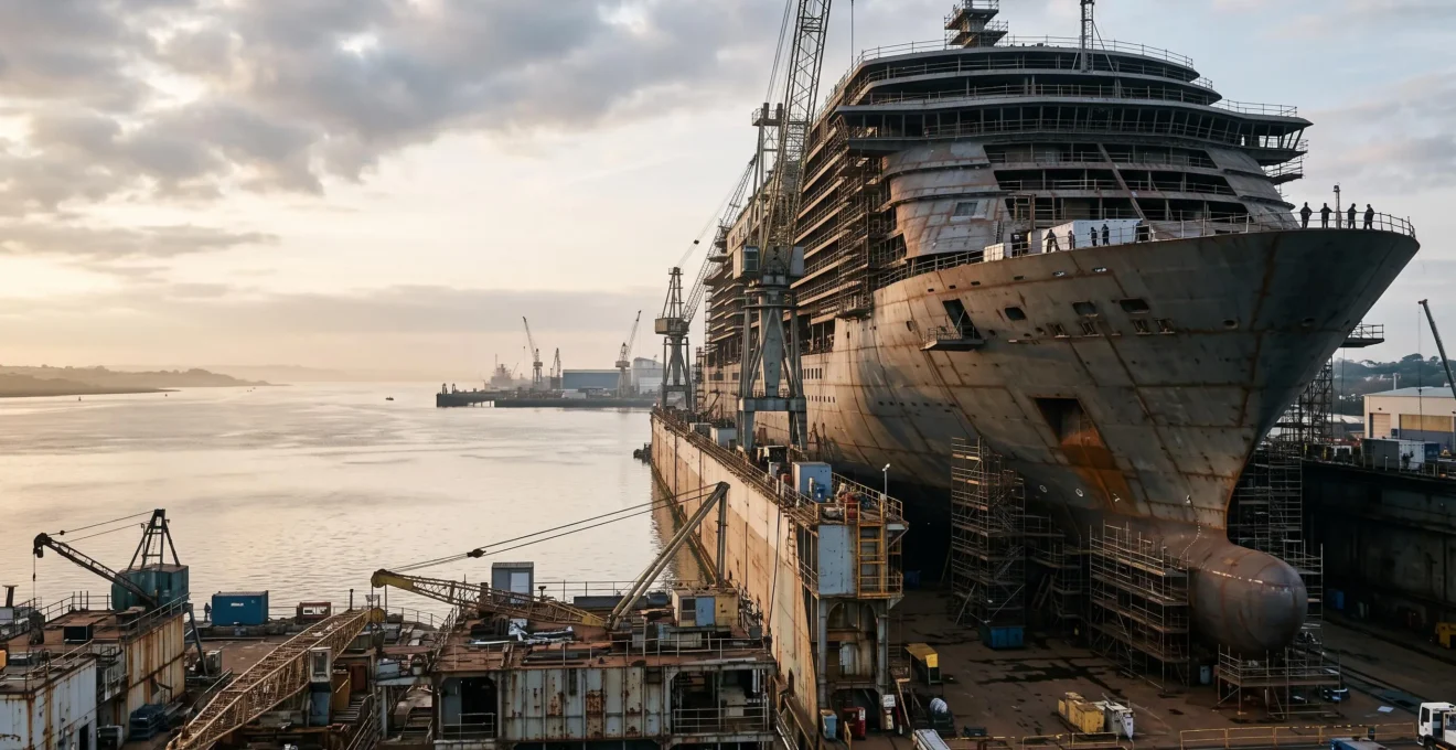 Vue panoramique d'un immense paquebot en construction dans la cale sèche des chantiers navals de Saint-Nazaire au crépuscule