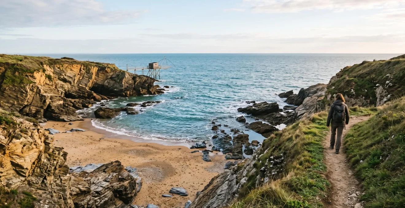 Crique rocheuse sauvage et cachée sur le littoral de la Côte de Jade entre Pornic et Saint-Brevin, accessible par le sentier des douaniers