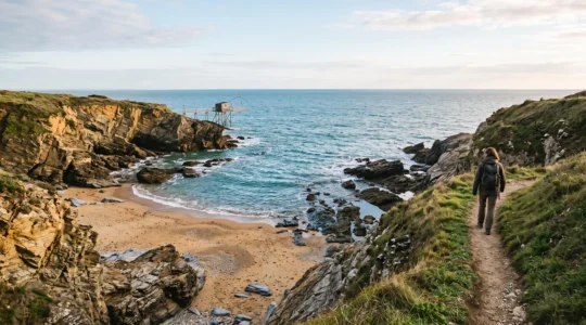 Crique rocheuse sauvage et cachée sur le littoral de la Côte de Jade entre Pornic et Saint-Brevin, accessible par le sentier des douaniers