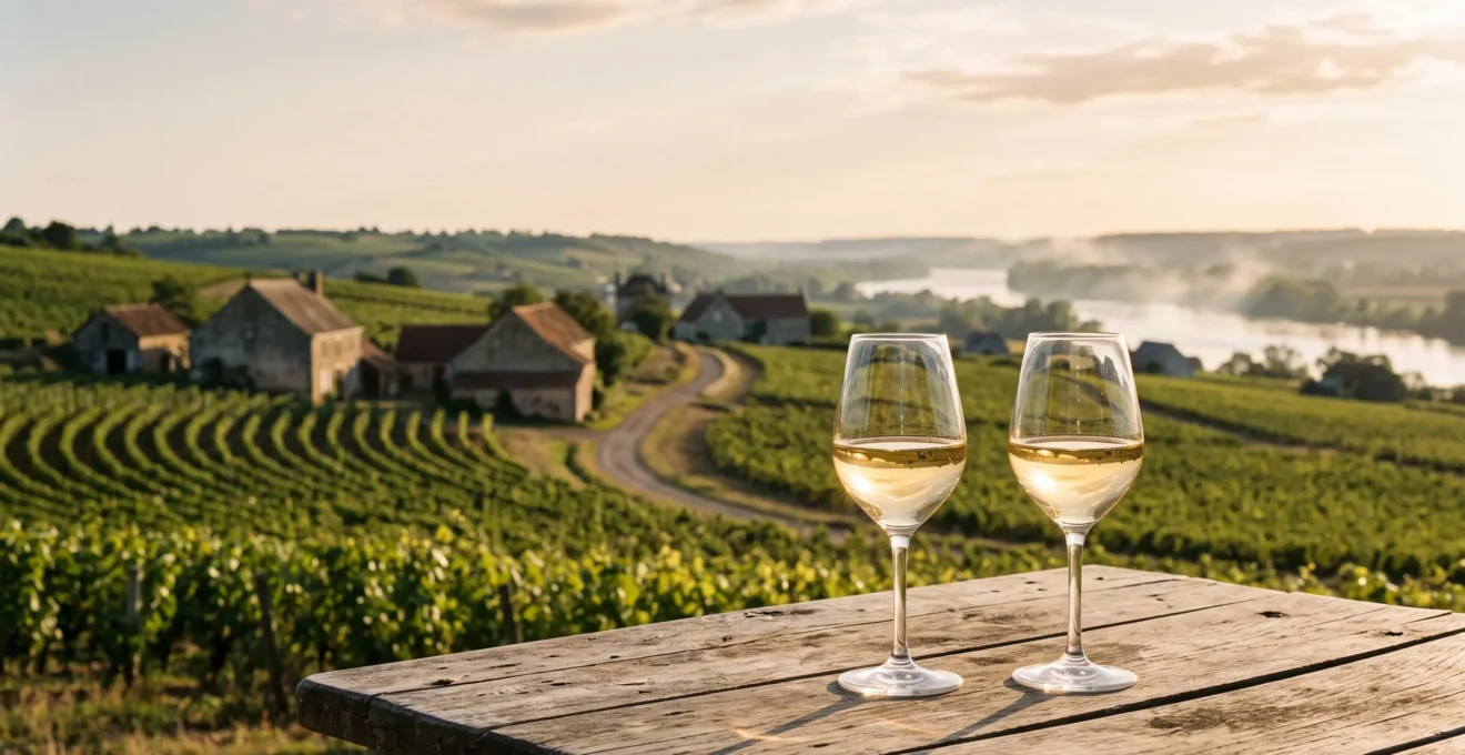 Verres de Muscadet posés sur une table en bois face à un paysage de vignoble nantais au coucher du soleil