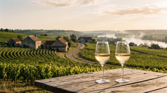 Verres de Muscadet posés sur une table en bois face à un paysage de vignoble nantais au coucher du soleil