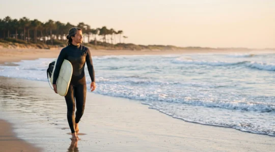 Jeune surfeur débutant portant sa planche sur une plage sauvage de Loire-Atlantique au lever du jour
