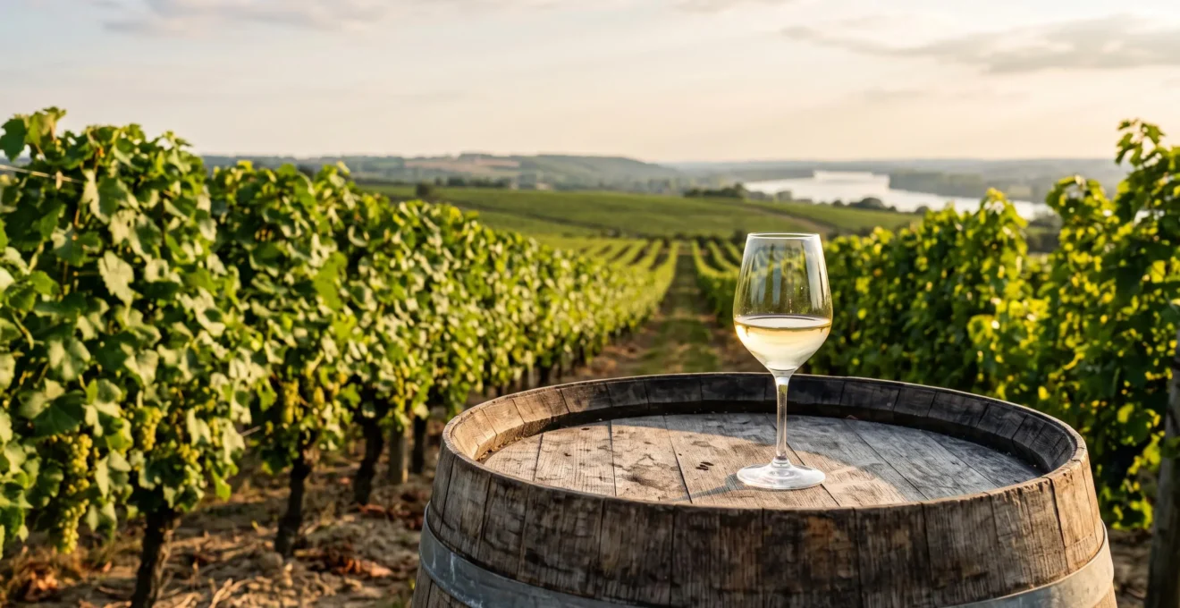 Verre de vin blanc sec posé sur un tonneau au coeur d'un vignoble de Loire-Atlantique au coucher du soleil