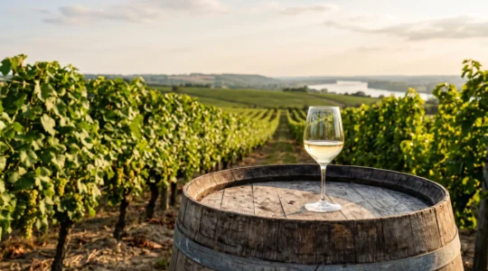 Verre de vin blanc sec posé sur un tonneau au coeur d'un vignoble de Loire-Atlantique au coucher du soleil
