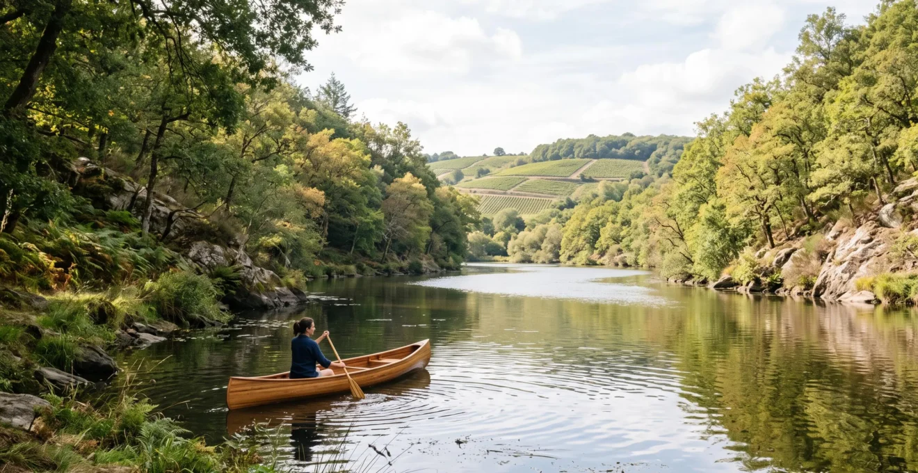 Canoë glissant sur une rivière calme et boisée du vignoble nantais en Loire-Atlantique, lumière douce de fin de matinée