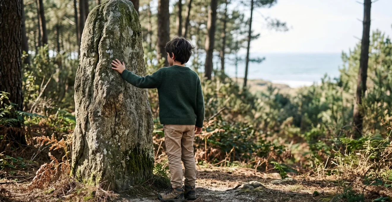 Un enfant de 7 a 12 ans touche avec emerveillement la surface d'un menhir de granit dans une foret de pins du littoral de Loire-Atlantique