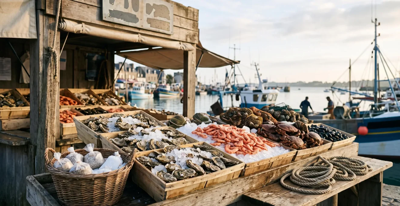 Étal de fruits de mer frais avec huîtres, crevettes et tourteaux sur un marché côtier de Loire-Atlantique