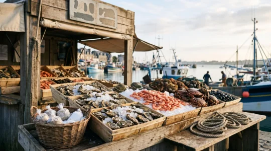 Étal de fruits de mer frais avec huîtres, crevettes et tourteaux sur un marché côtier de Loire-Atlantique