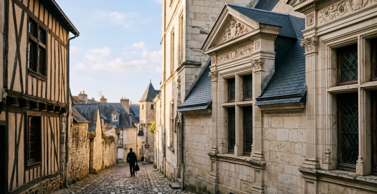 Détail sculpté d'une façade Renaissance en pierre de tuffeau dans une ruelle pavée d'une ville de Loire-Atlantique