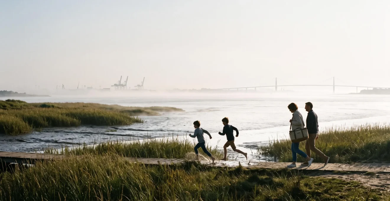 Une famille avec des enfants découvre une œuvre monumentale du parcours Estuaire au bord de la Loire, entre nature sauvage et art contemporain