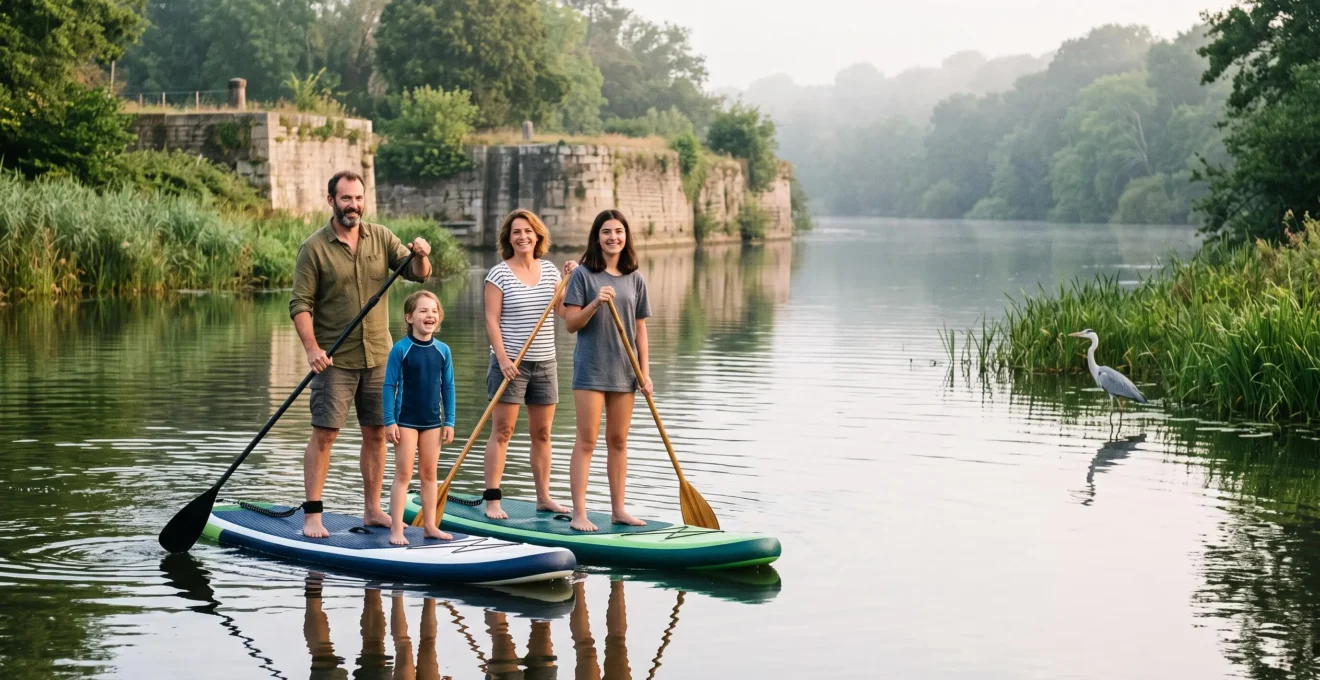Famille pratiquant le stand-up paddle en toute sérénité sur une rivière calme de Loire-Atlantique au lever du soleil