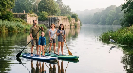 Famille pratiquant le stand-up paddle en toute sérénité sur une rivière calme de Loire-Atlantique au lever du soleil