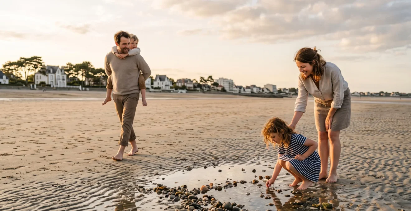 Famille avec de jeunes enfants profitant d'une plage de sable fin en Loire-Atlantique en fin de journée