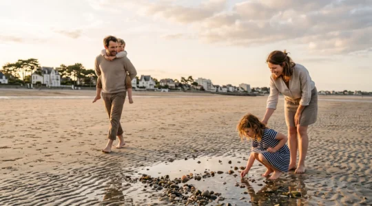 Famille avec de jeunes enfants profitant d'une plage de sable fin en Loire-Atlantique en fin de journée