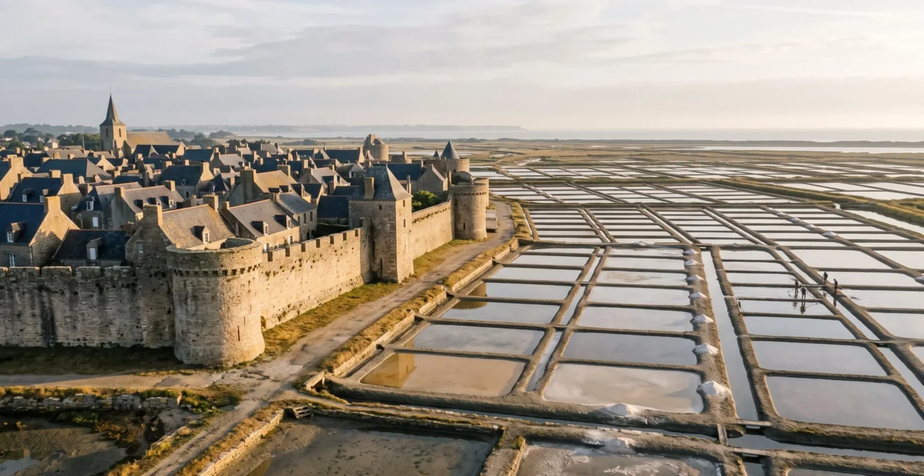 Vue panoramique de la cité médiévale de Guérande avec ses remparts en pierre et les marais salants de la presqu'île en arrière-plan au lever du jour
