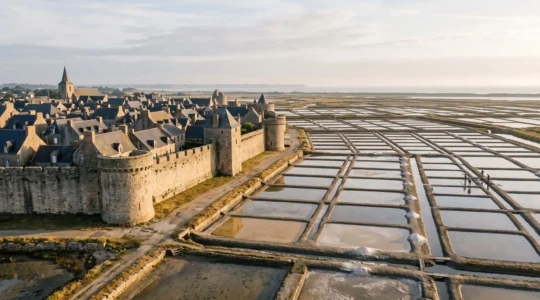Vue panoramique de la cité médiévale de Guérande avec ses remparts en pierre et les marais salants de la presqu'île en arrière-plan au lever du jour