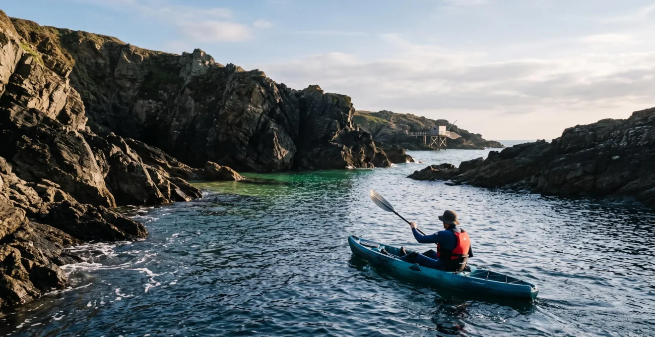 Kayakiste solitaire pagayant au ras de l'eau devant des falaises rocheuses et une crique cachée de la côte de Jade en Loire-Atlantique