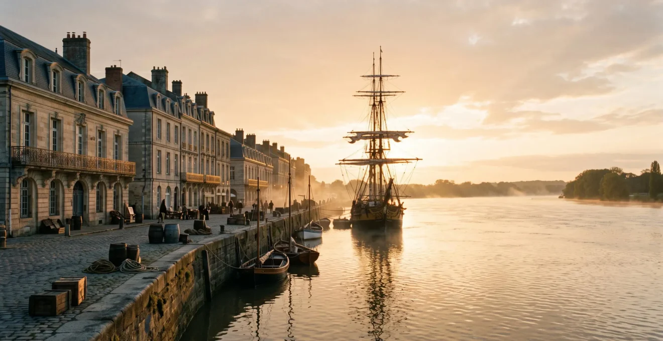 Vue panoramique évoquant le passé maritime et commercial de Nantes, entre quais historiques et Loire au crépuscule