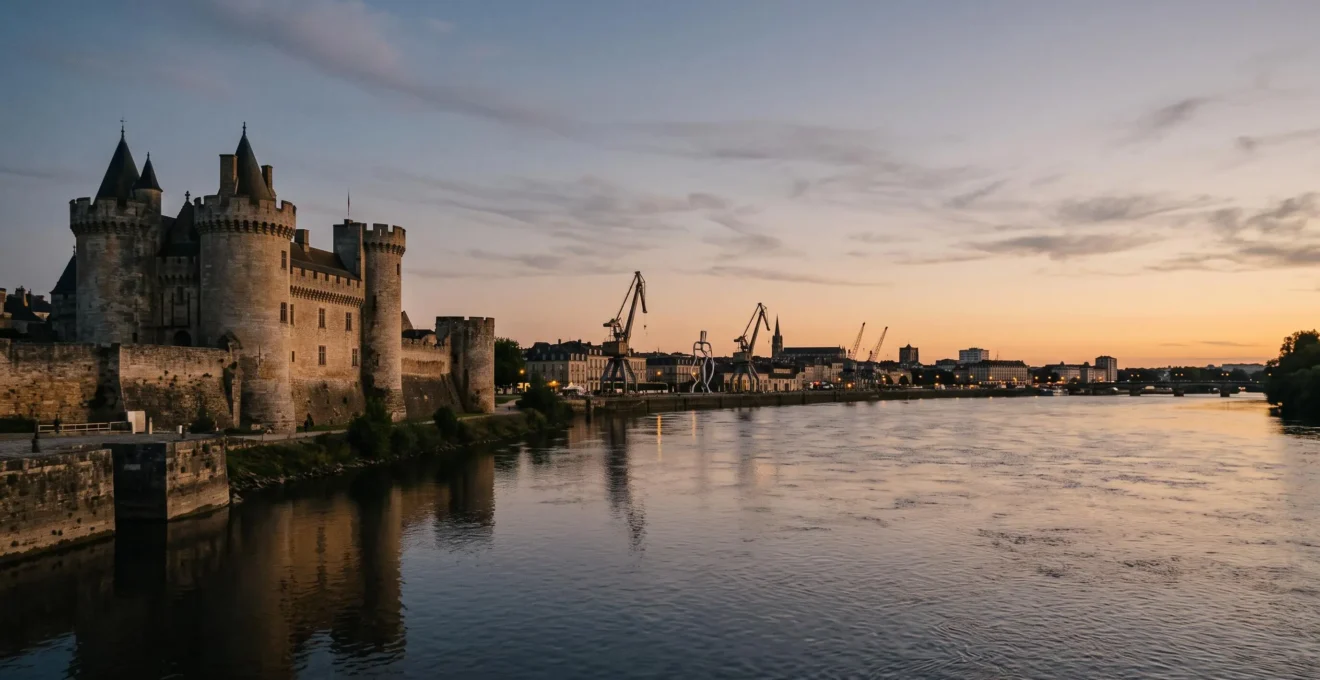 Vue panoramique de Nantes au crépuscule mêlant le château médiéval, la Loire et une œuvre d'art contemporain