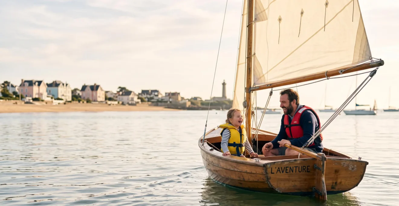 Un parent et son enfant naviguent ensemble sur un petit dériveur dans une baie calme de Loire-Atlantique, avec la côte en arrière-plan