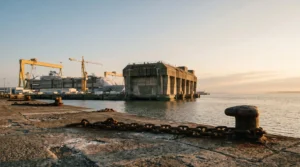 Vue panoramique du patrimoine industriel et maritime de Saint-Nazaire avec les chantiers navals et la base sous-marine