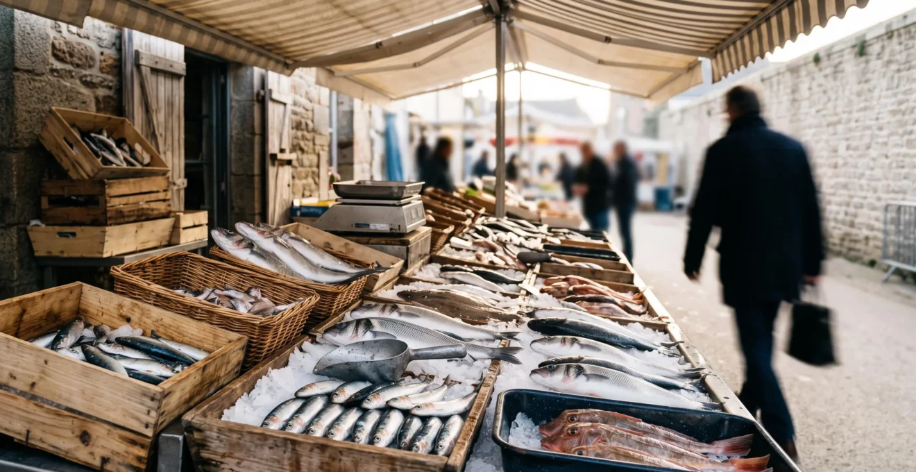 Étal de poissonnier sur un marché de Loire-Atlantique avec poissons brillants disposés sur glace pilée au lever du jour