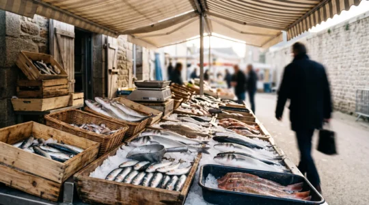 Étal de poissonnier sur un marché de Loire-Atlantique avec poissons brillants disposés sur glace pilée au lever du jour