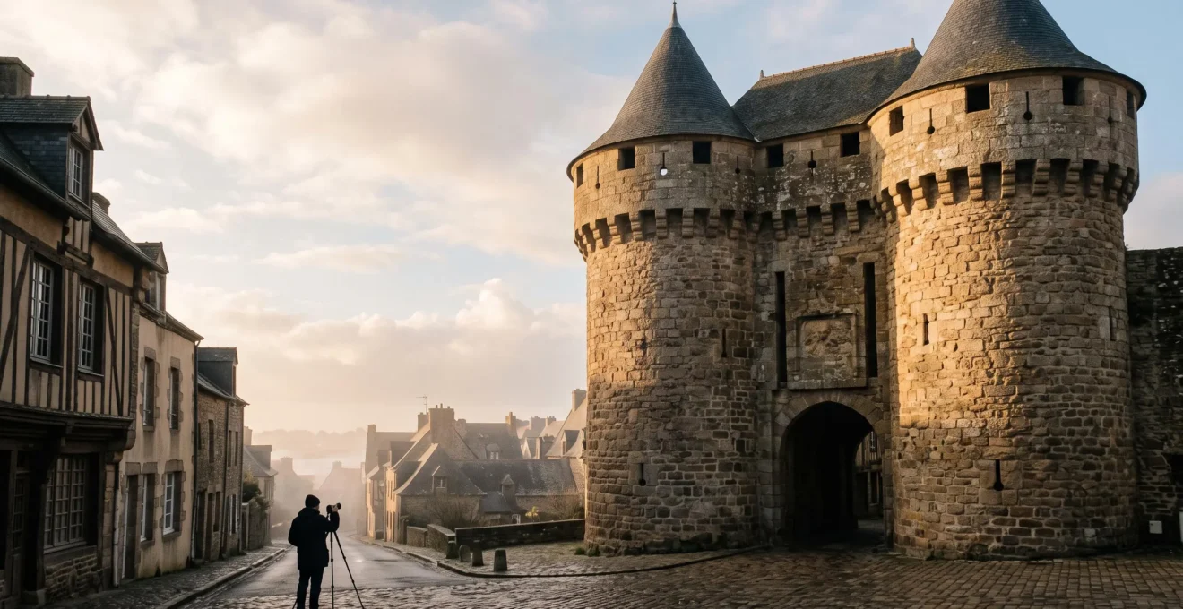 Porte fortifiée médiévale de Guérande baignée d'une lumière dorée avec un photographe cadrant la scène