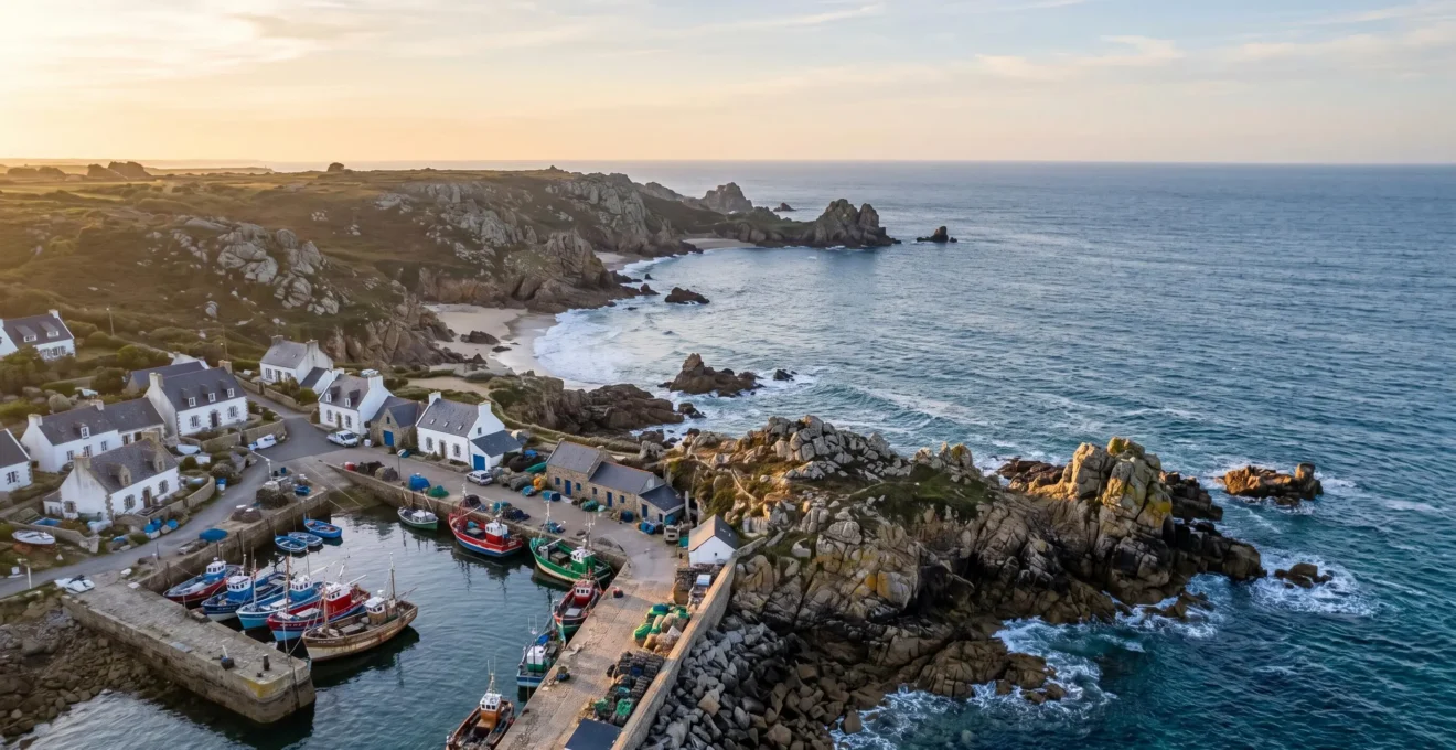 Vue panoramique de la presqu'île du Croisic entre côte sauvage rocheuse et port de pêche traditionnel en Loire-Atlantique