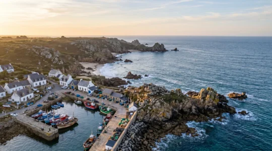 Vue panoramique de la presqu'île du Croisic entre côte sauvage rocheuse et port de pêche traditionnel en Loire-Atlantique