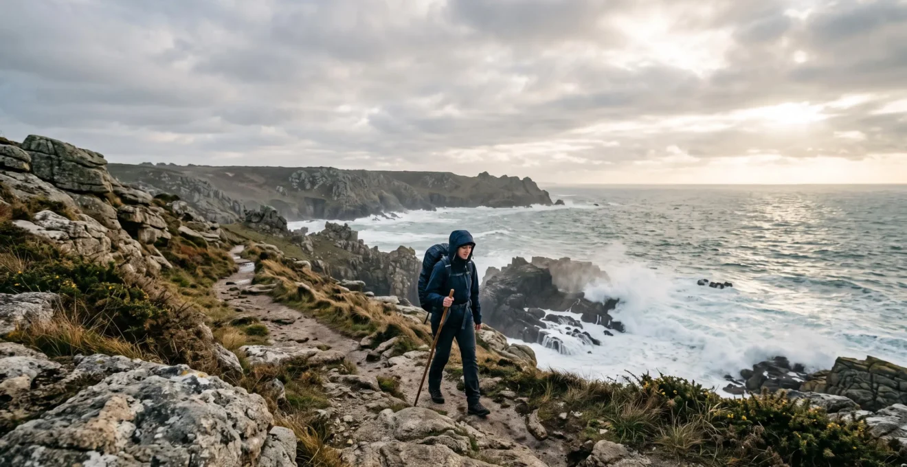 Randonneur avançant sur le sentier granitique de la cote sauvage entre Le Croisic et Batz-sur-Mer face a l'ocean Atlantique