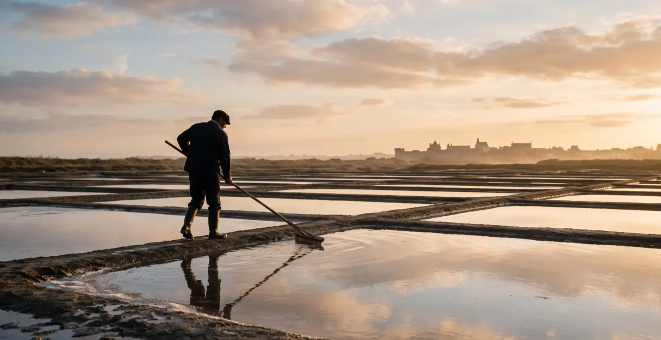 Paludier récoltant à la main la fleur de sel dans les marais salants de Guérande au coucher du soleil, avec les remparts médiévaux en arrière-plan