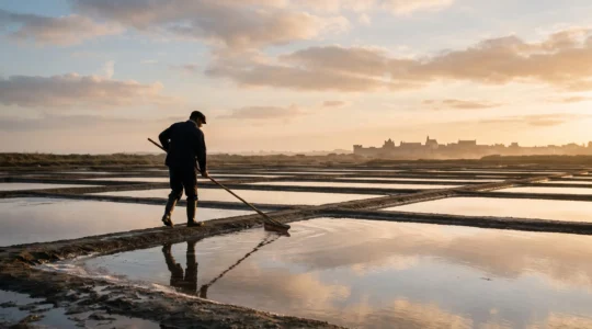 Paludier récoltant à la main la fleur de sel dans les marais salants de Guérande au coucher du soleil, avec les remparts médiévaux en arrière-plan