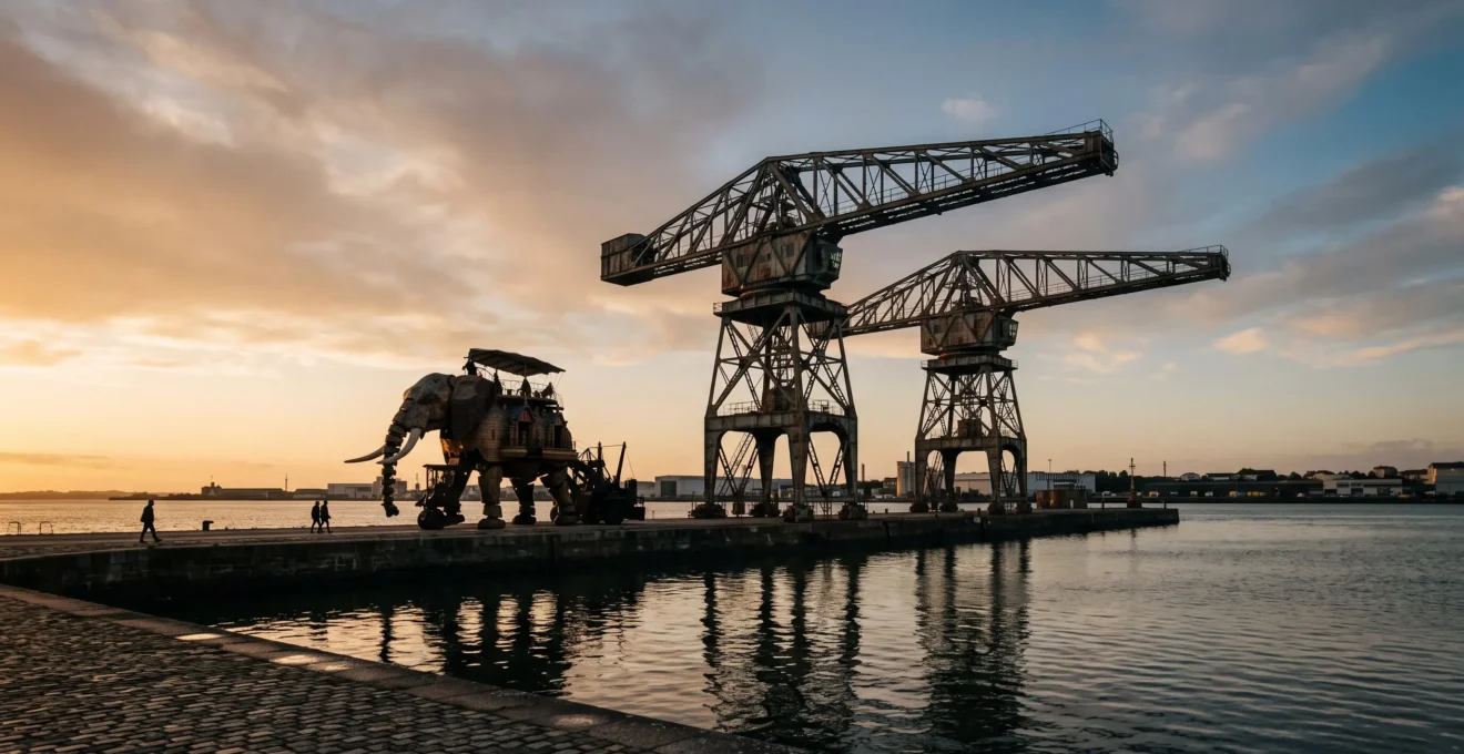 Vue panoramique au crépuscule d'un ancien site industriel de Loire-Atlantique reconverti, mêlant structures métalliques de chantier naval et silhouette d'une machine artistique géante au bord de la Loire