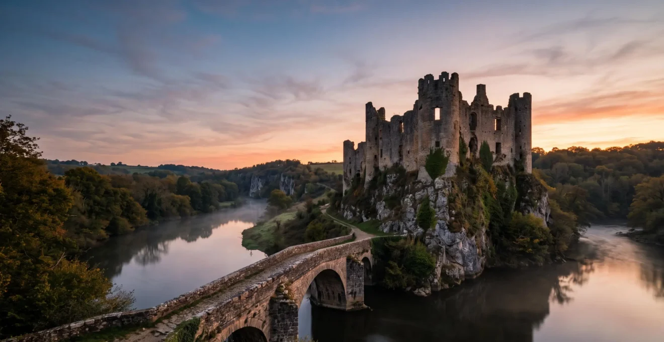 Vue panoramique des ruines du château de Clisson surplombant la Sèvre Nantaise au crépuscule, avec les murs éventrés découpant le ciel doré